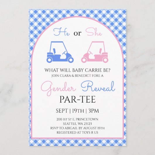 Blau und Rosa Gingham Golf Geschlechterenthüllung Einladung (Vorderseite)