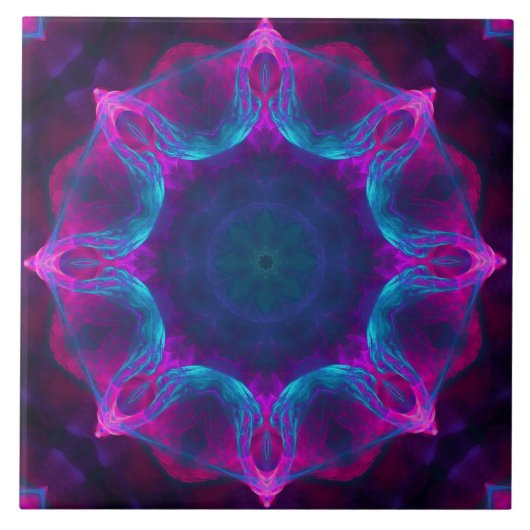 Blau und Rosa Neon Dark Kaleidoskop Gradient Fliese (Vorderseite)