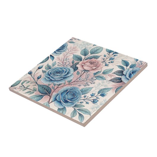 Blau- und rosa Rosenmuster auf Weich-Pinkisch-Weiß Fliese (Seite)