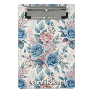 Blau- und rosa Rosenmuster auf Weich-Pinkisch-Weiß Mini Klemmbrett