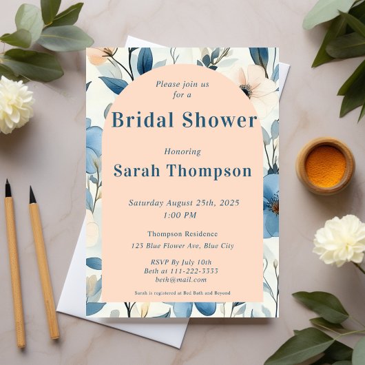 Blau und Rosen Aquarell Brautparty Einladung