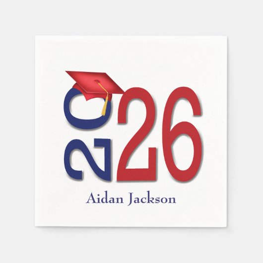 Blau und Rot 2025 Abschluss mit Name Serviette (Vorderseite)