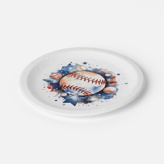 Blau und Rot Baseball Pappteller (Schrägansicht)