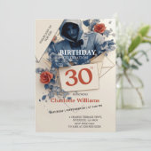 Blau und Rote Rose Gothic 30. Geburtstag Einladung (Stehend Vorderseite)