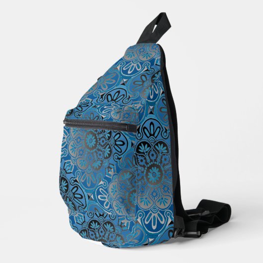 Blau und schwarz geflieste Muster Sack Tasche Ruck (Rechte Ecke)