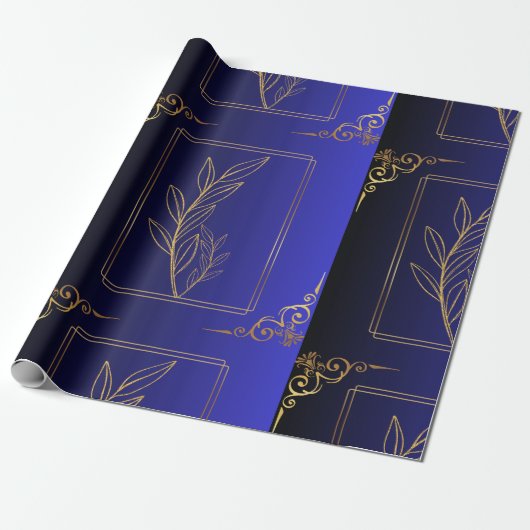 Blau und schwarz Gradient Golden Frame Gemustert Geschenkpapier (Ungerollt)