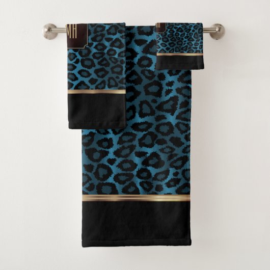 Blau- und Schwarz-Leopard-Muster mit Monogramm Badhandtuch Set (Insitu)