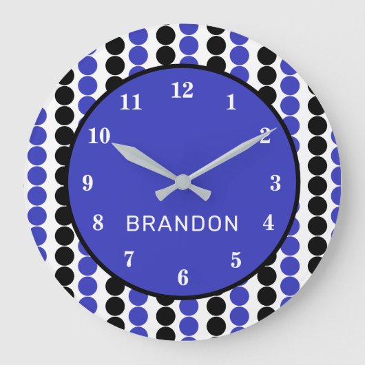Blau- und Schwarz-Polka-Punkte mit Namen Große Wanduhr (Vorderseite)