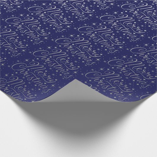 Blau und Silber Frohe Weihnachts-Script-Muster Geschenkpapier (Ecke)