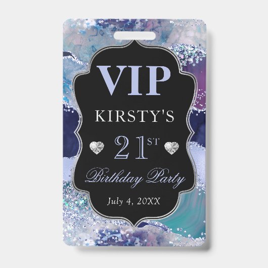 Blau und Silber Glitzer Agate Birthday VIP Ausweis (Vorderseite)