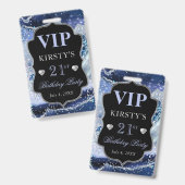 Blau und Silber Glitzer Agate Birthday VIP Ausweis (Vorder- & Rückseite)