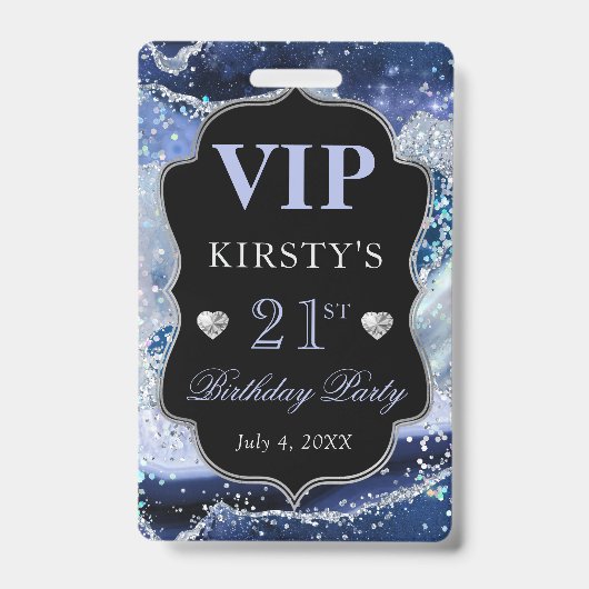 Blau und Silber Glitzer Agate Birthday VIP Ausweis (Vorderseite)