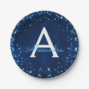 Blau und Silber Jeweled Diamantconfetti-Monogramm Pappteller