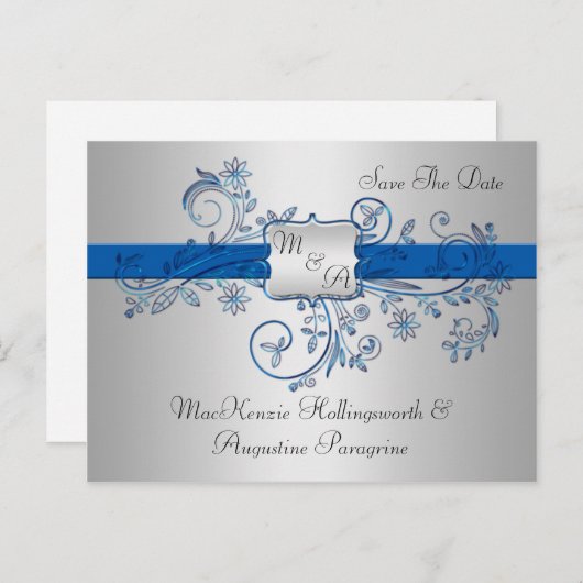 Blau-und Silber-Monogramm-Wirbel mit Blumenmuster Ankündigungspostkarte (Vorne/Hinten)