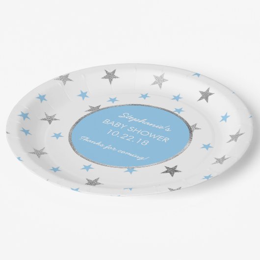 Blau-und Silber-Stern-Funkeln-Babypartydekor Pappteller (Schrägansicht)