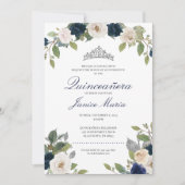 Blau und Silber Tiara Floral Elegant Quinceañera Einladung (Vorderseite)