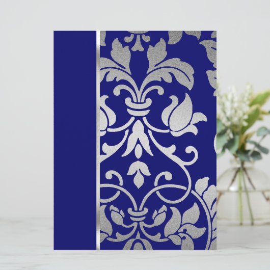 Blau- und SilberDamast Einladung (Stehend Vorderseite)