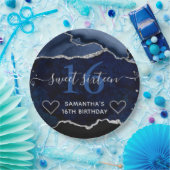 Blau und Silberner Glitzer Agate Marble Sweet 16 Pappteller (Party)