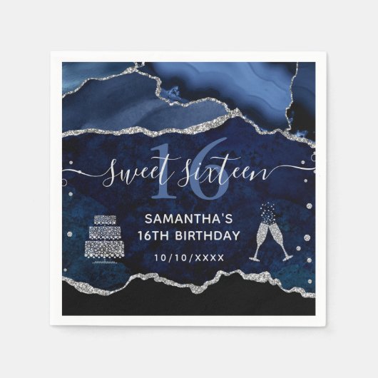 Blau und Silberner Glitzer Agate Marble Sweet 16 Serviette (Vorderseite)