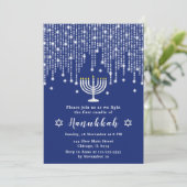 Blau- und Silberreihenleuchten Hanukkah-Party Einladung (Stehend Vorderseite)