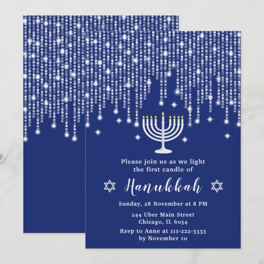 Blau- und Silberreihenleuchten Hanukkah-Party Einladung (Vorne/Hinten)