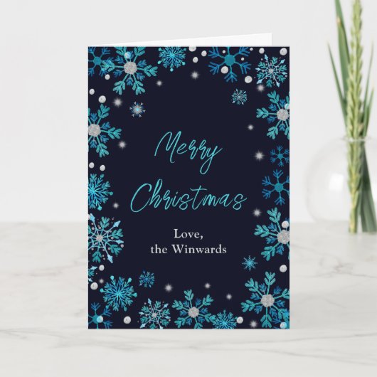 Blau und Silberschneeflocken Frohe Weihnachten (Vorderseite)