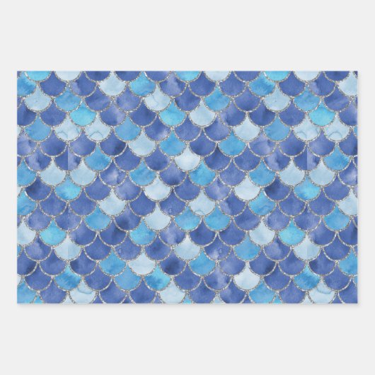 Blau und Silver Mermaid Scales Geschenkpapier Set (Vorderseite)
