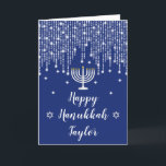 Blau und Silver String Lights Happy Hanukkah Feiertagskarte<br><div class="desc">Diese elegante und raffinierte Happy Hanukkah-Karte kann mit einem Namen oder Titel personalisiert werden,  wie Tochter,  Enkelin,  Nichte,  Freund etc. Es verfügt über wunderschöne silberne Saitenleuchten mit Diamanten-Glitzern,  eine Menorah-Kerze und den Star of David. Der Text kombiniert handgeschriebene Skript- und Serif-Schriftart für ein stilvolles und modernes Aussehen.</div>
