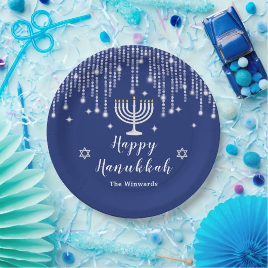 Blau und Silver String Lights Happy Hanukkah Pappteller (Party)