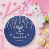 Blau und Silver String Lights Happy Hanukkah Pappteller (Party)