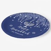 Blau und Silver String Lights Happy Hanukkah Pappteller (Schrägansicht)