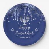 Blau und Silver String Lights Happy Hanukkah Pappteller (Vorderseite)