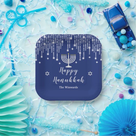 Blau und Silver String Lights Happy Hanukkah Pappteller (Party)