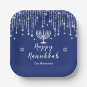 Blau und Silver String Lights Happy Hanukkah Pappteller (Vorderseite)