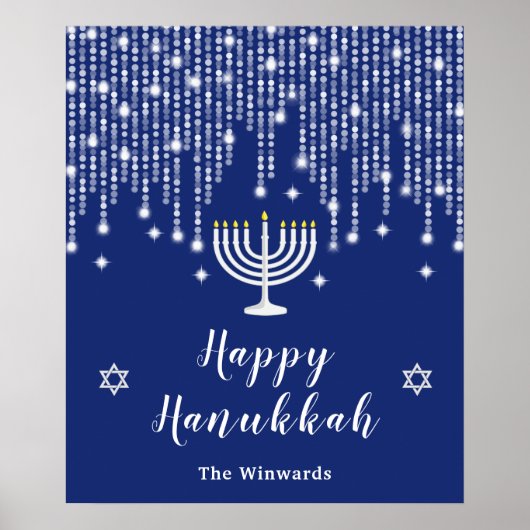 Blau und Silver String Lights Happy Hanukkah Poster (Vorne)