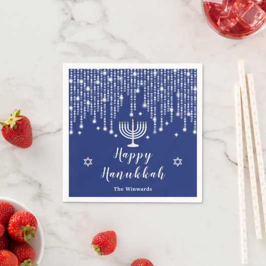 Blau und Silver String Lights Happy Hanukkah Serviette (Beispiel)