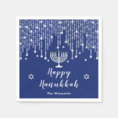 Blau und Silver String Lights Happy Hanukkah Serviette (Vorderseite)