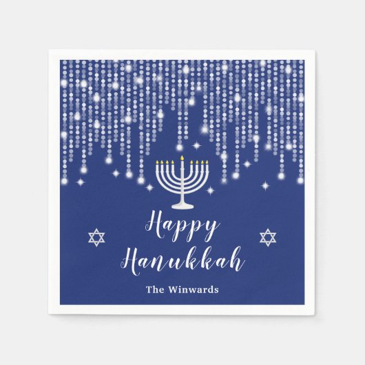 Blau und Silver String Lights Happy Hanukkah Serviette (Vorderseite)