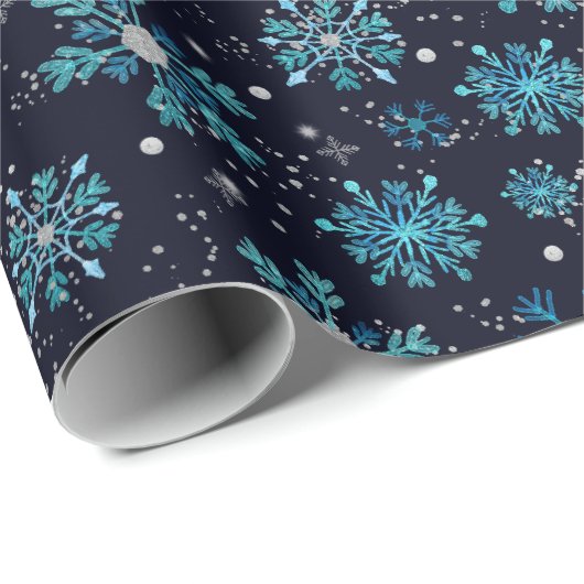 Blau und Silver Winter Schneeflocken Muster Geschenkpapier (Rolleneckpunkt)