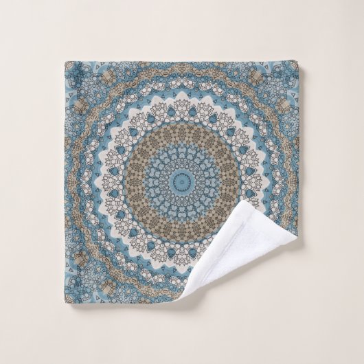 Blau und Tan Mandala Intricate Geometrisches Muste Badhandtuch Set (Waschlappen)