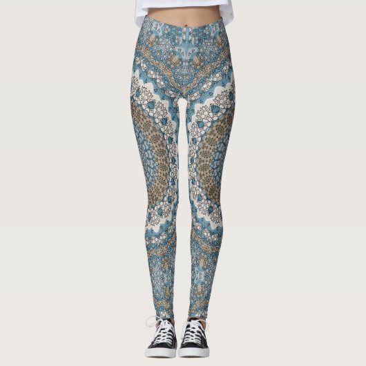 Blau und Tan Mandala Intricate Geometrisches Muste Leggings (Vorderseite)