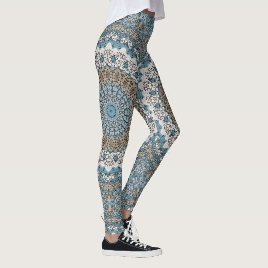 Blau und Tan Mandala Intricate Geometrisches Muste Leggings (Rechts)