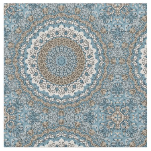 Blau und Tan Mandala Intricate Geometrisches Muste Stoff (Nahaufnahme)