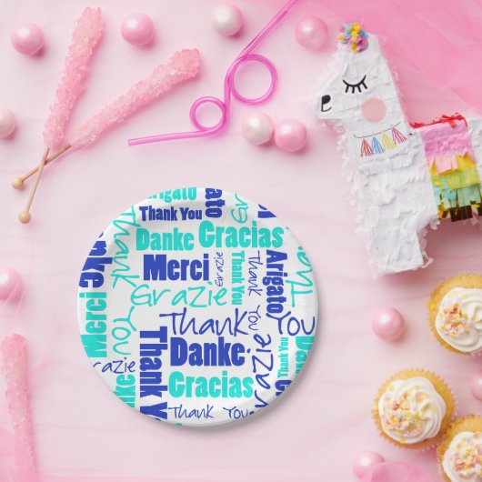 Blau und Türkis Mehrsprachig Vielen Dank Pappteller (Party)