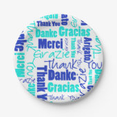 Blau und Türkis Mehrsprachig Vielen Dank Pappteller (Vorderseite)