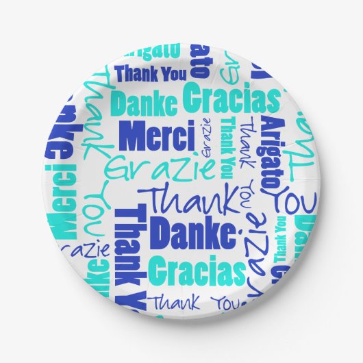 Blau und Türkis Mehrsprachig Vielen Dank Pappteller (Vorderseite)