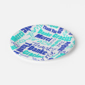 Blau und Türkis Mehrsprachig Vielen Dank Pappteller (Schrägansicht)