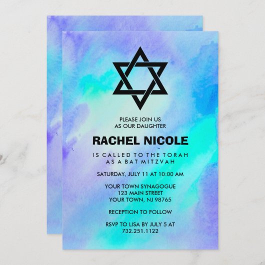 Blau und türkisfarbenes Wasser Bat Mitzvah Einladung (Vorne/Hinten)