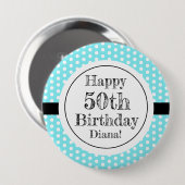 Blau und weiß 50. Geburtstag Polka Dots Button (Vorne & Hinten)