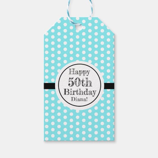 Blau und weiß 50. Geburtstag Polka Dots Geschenkanhänger (Vorderseite)